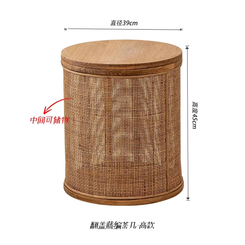 Japanese Round Coffee Table Living Room Rattan Woven Side Table Clamshell Storage Room Desks Multi-functional Home Furniture