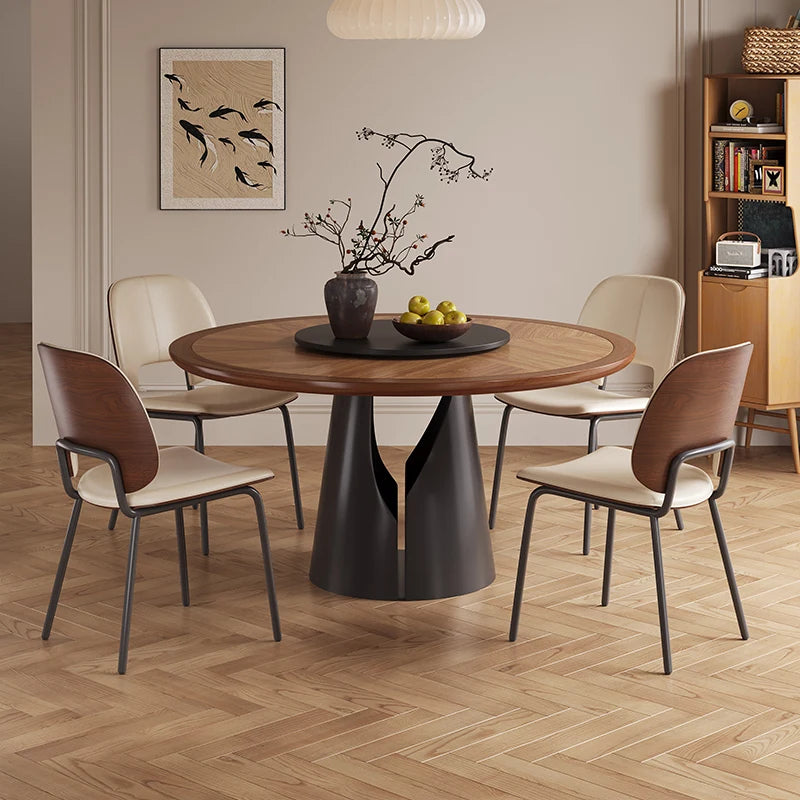 Solid wood texture rock slab round dining table French retro cream medium antique round table household