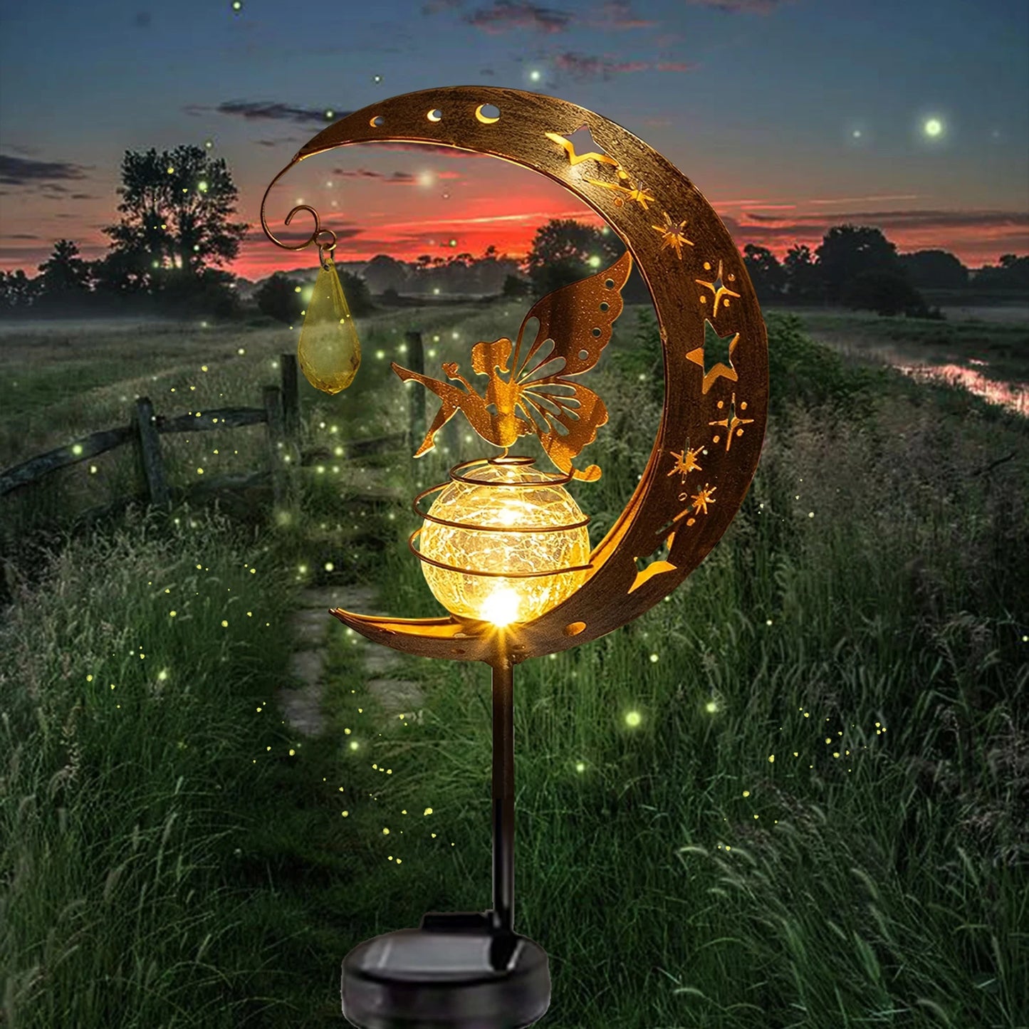 1 PC Cat Moon-Shaped Iron Solar Lamp Outdoor Garden Decorative Lighting Automatic Sensor Solar Powered