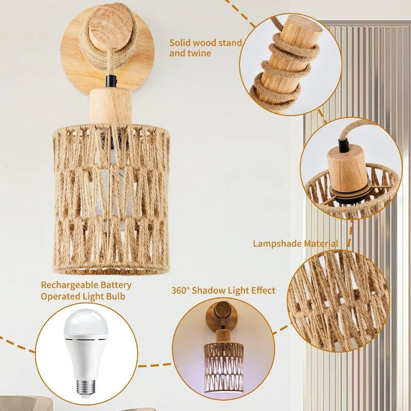 Cylindrical Design Wall Light Modern Style Led Rattan Wall Lampshade Hemp Rope for Home Living Room Hotel Decor Lighting Fixture