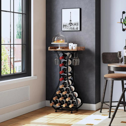 Wine Rack Freestanding Floor Mini Bar Table Wine Holder Stand Liquor Cabinet with Glass Holder Wine Wood Tabletop for Home Bar