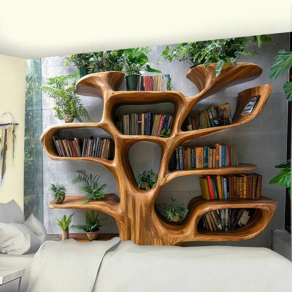 Tree Bookshelf Tapestry Multiple Sizes 2D Print Nordic Tree Plants Reading Theme Polyester Living Study Reading Nook Calm