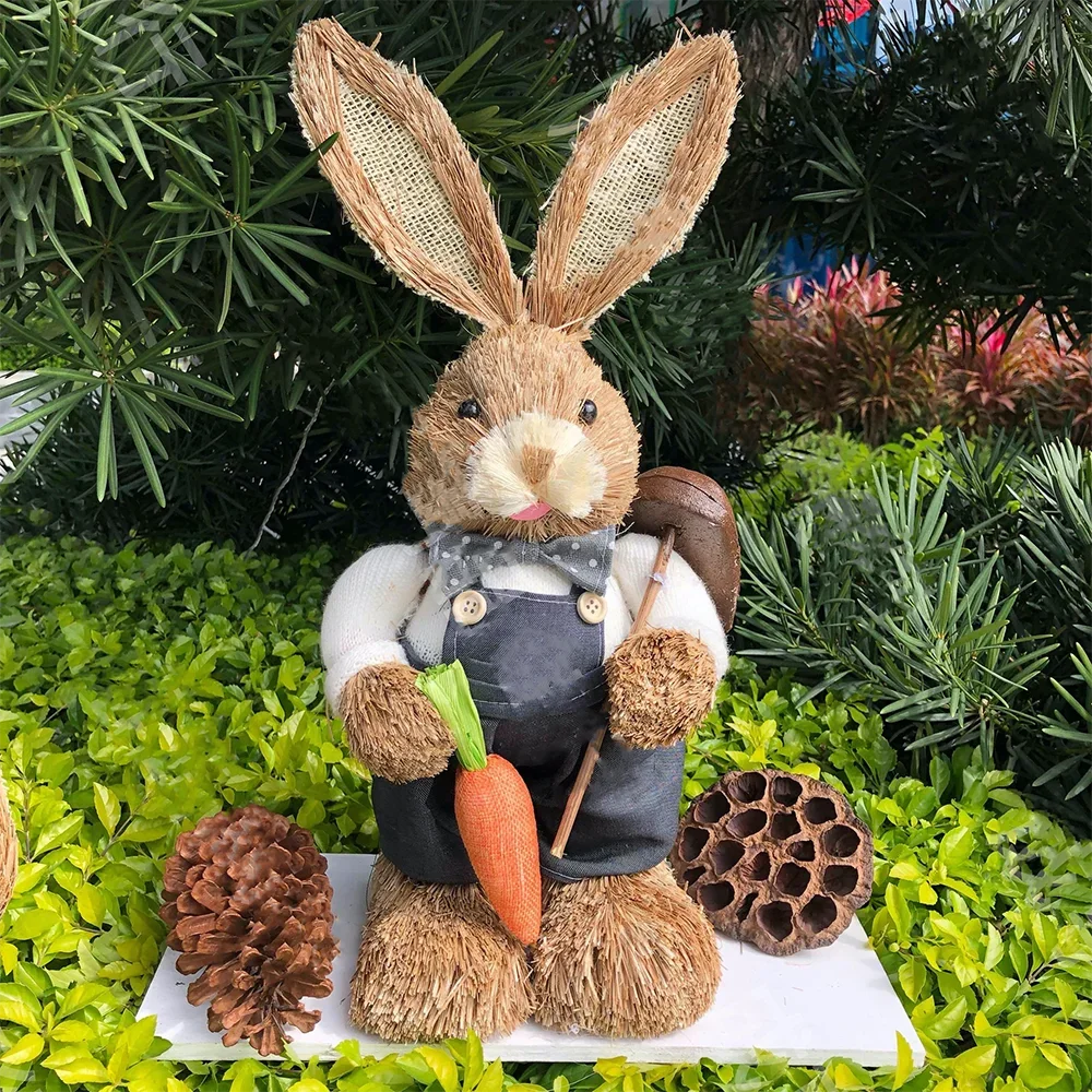 35cm Easter Bunny Decoration Cattail Craft Ornament Cute Rabbit Figure for Home Table Decor Spring Festival Ornament Gift