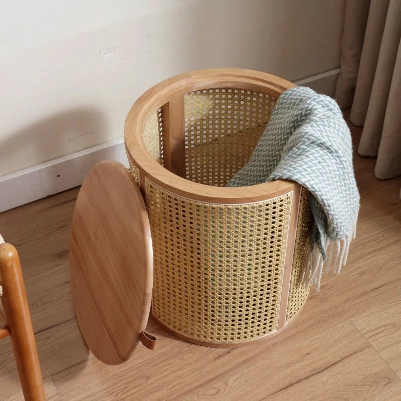 Rubberwood& Rattan Laundry Basket  Japanese Storage Basket with Handles  Detachable Coffee Table Stool  Sturdy Bedside Organizer