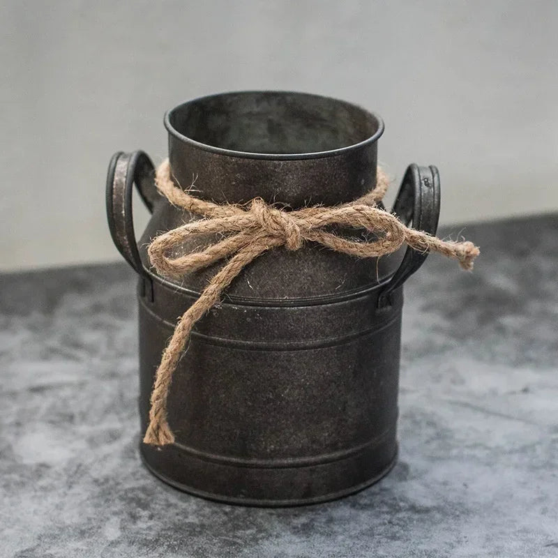 Retro Old Tin Flower Bucket Furnishings Props Garden European Milk Jug Single Plant Pot Vase Decoration Ornaments Home Decor