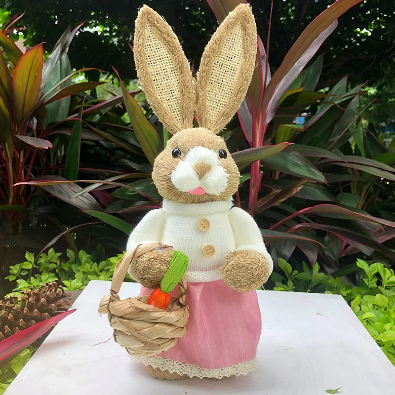 35cm Easter Bunny Decoration Cattail Craft Ornament Cute Rabbit Figure for Home Table Decor Spring Festival Ornament Gift