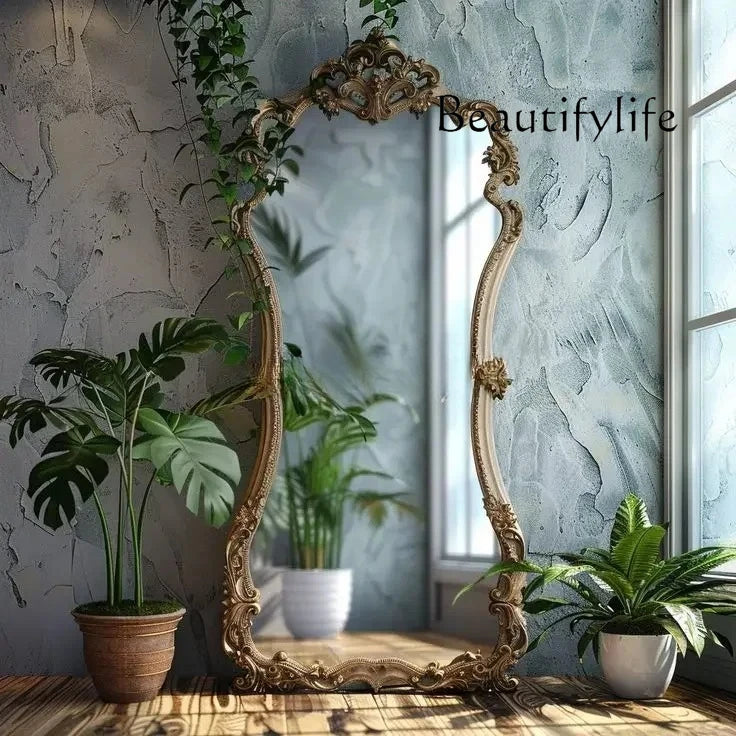 French retro floor full-length mirror carved mirror European special-shaped changing mirror