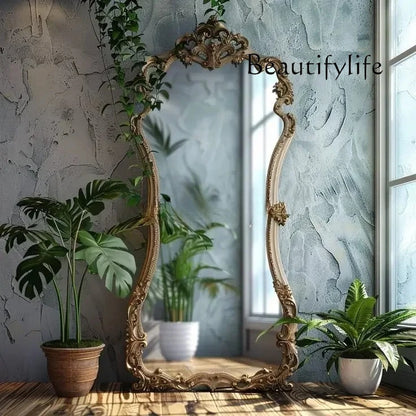 French retro floor full-length mirror carved mirror European special-shaped changing mirror