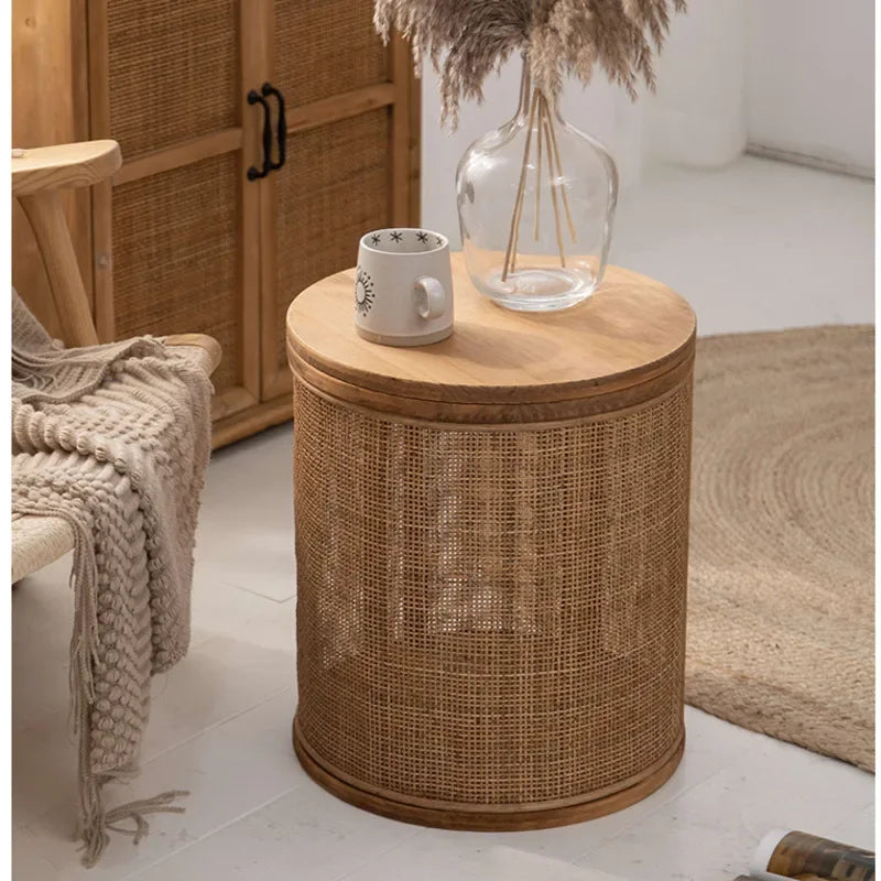 Japanese Round Coffee Table Living Room Rattan Woven Side Table Clamshell Storage Room Desks Multi-functional Home Furniture