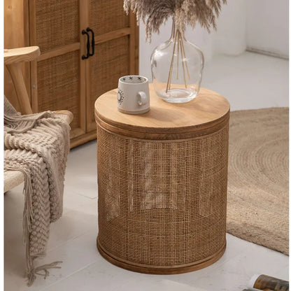 Japanese Round Coffee Table Living Room Rattan Woven Side Table Clamshell Storage Room Desks Multi-functional Home Furniture