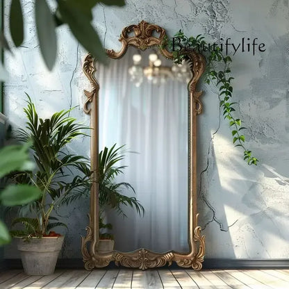 French retro floor full-length mirror carved mirror European special-shaped changing mirror