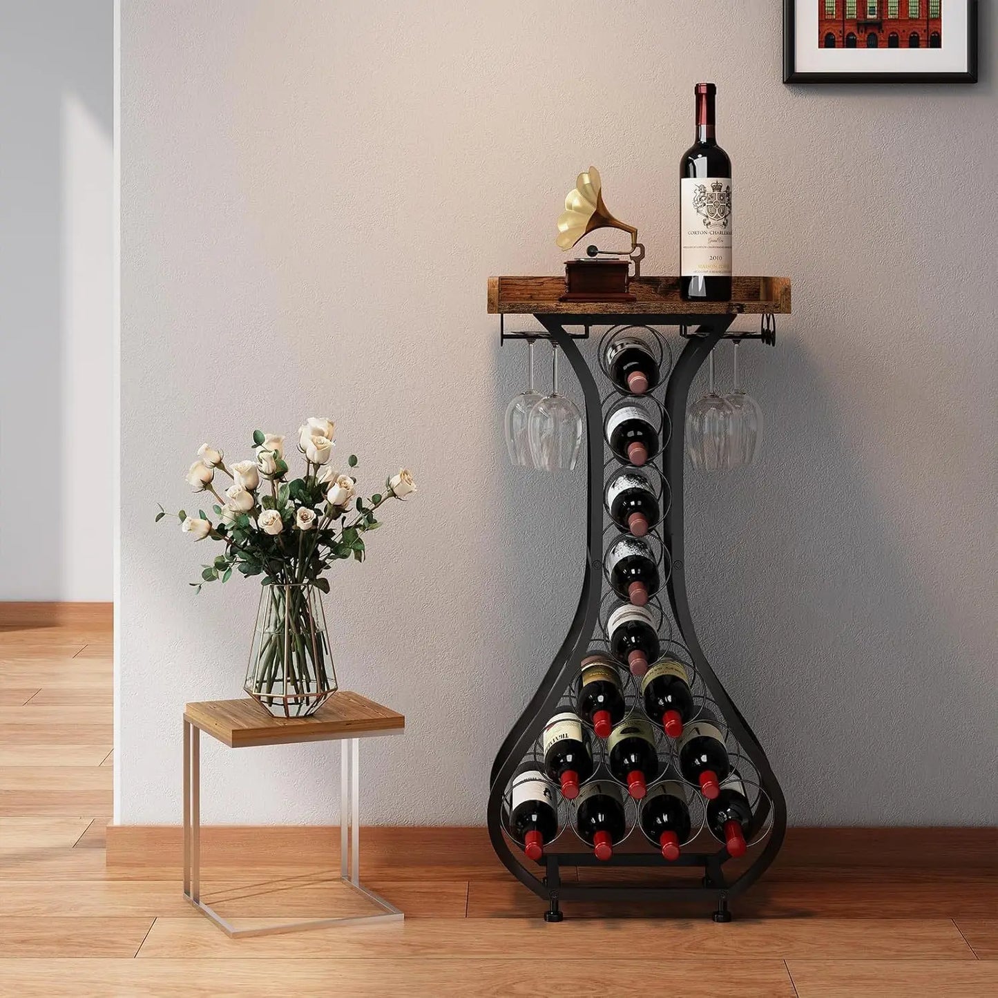 Wine Rack Freestanding Floor Mini Bar Table Wine Holder Stand Liquor Cabinet with Glass Holder Wine Wood Tabletop for Home Bar