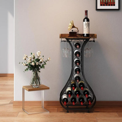 Wine Rack Freestanding Floor Mini Bar Table Wine Holder Stand Liquor Cabinet with Glass Holder Wine Wood Tabletop for Home Bar
