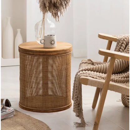 Japanese Round Coffee Table Living Room Rattan Woven Side Table Clamshell Storage Room Desks Multi-functional Home Furniture