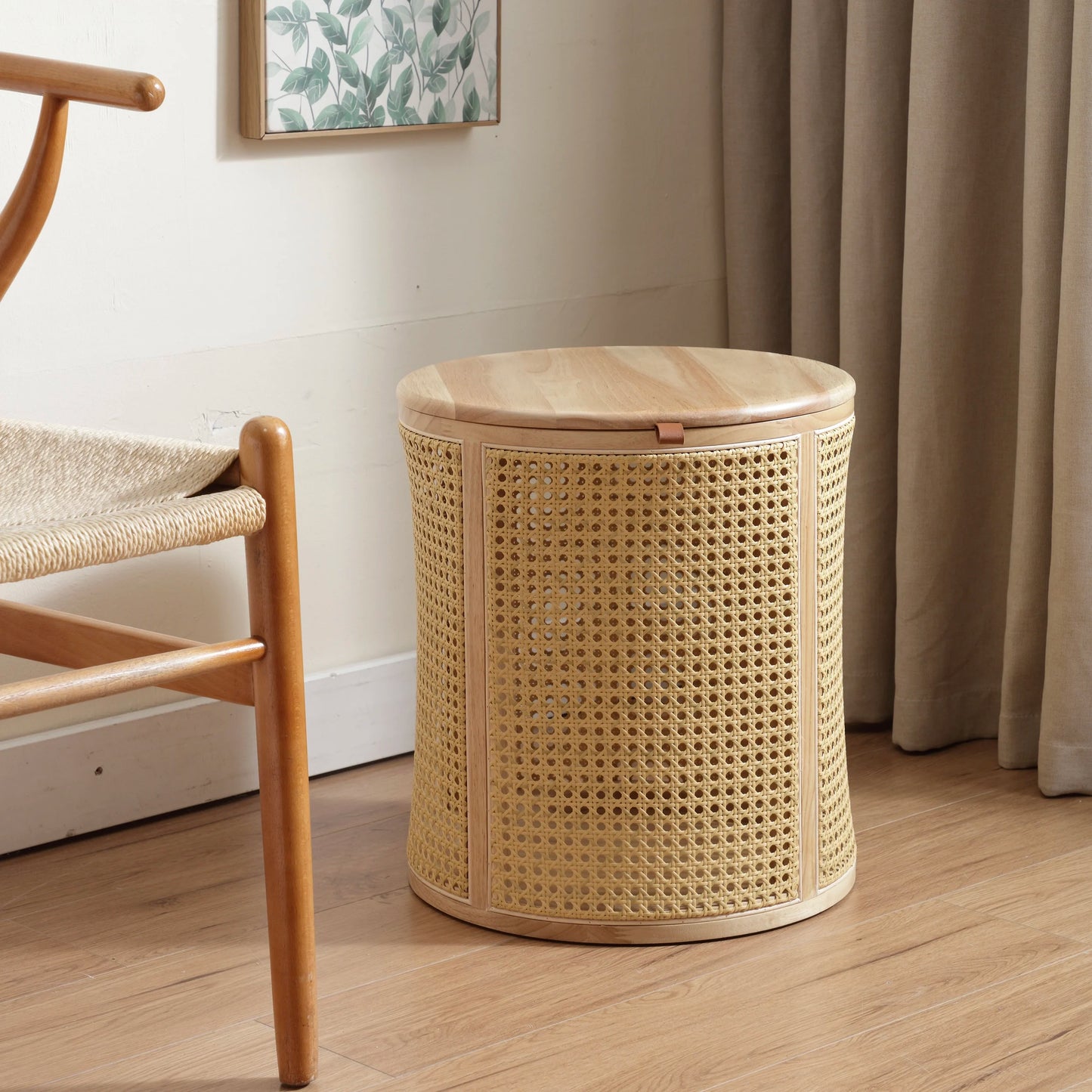 Rubberwood& Rattan Laundry Basket  Japanese Storage Basket with Handles  Detachable Coffee Table Stool  Sturdy Bedside Organizer