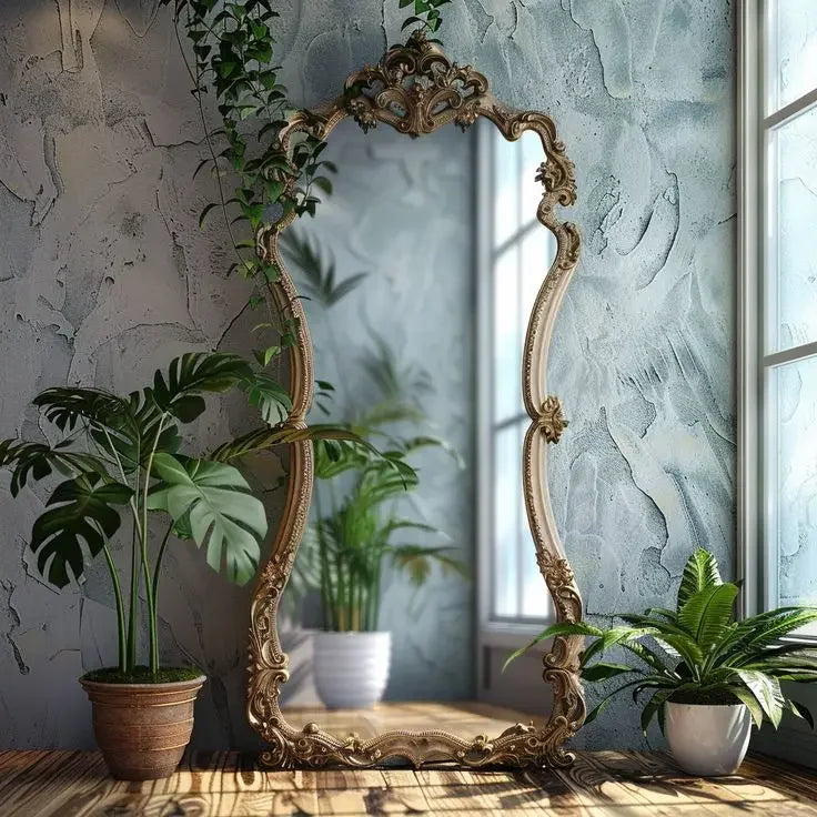 French retro floor full-length mirror carved mirror European special-shaped changing mirror