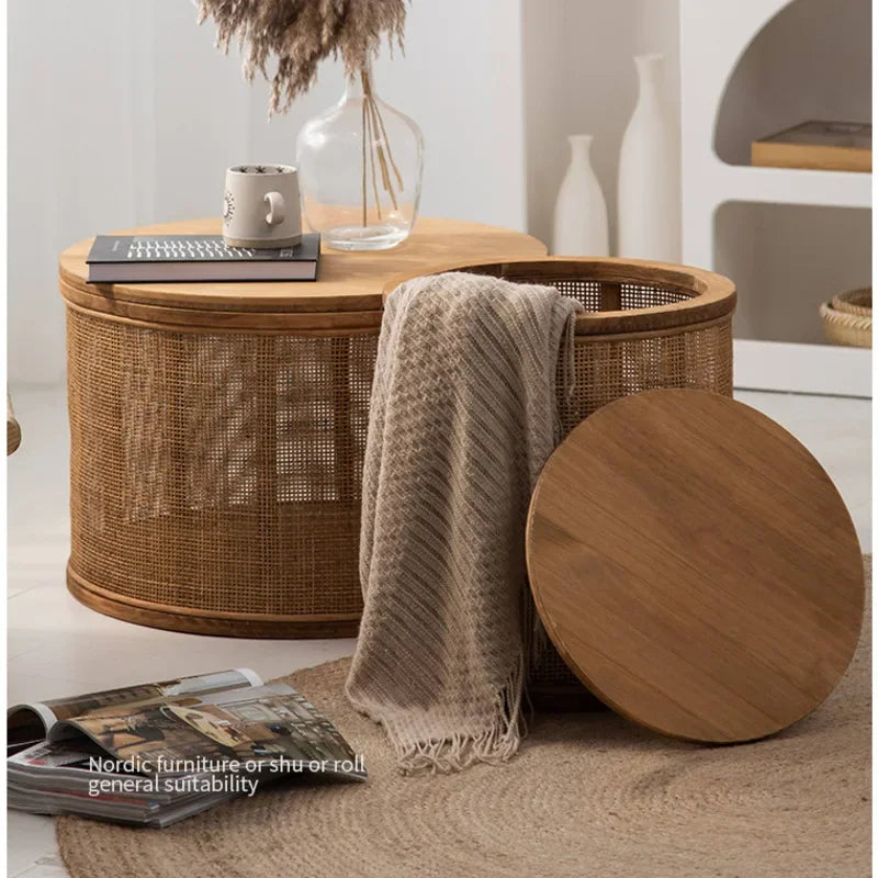 Japanese Round Coffee Table Living Room Rattan Woven Side Table Clamshell Storage Room Desks Multi-functional Home Furniture