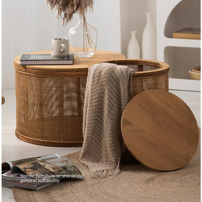 Japanese Round Coffee Table Living Room Rattan Woven Side Table Clamshell Storage Room Desks Multi-functional Home Furniture