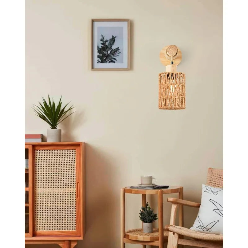 Cylindrical Design Wall Light Modern Style Led Rattan Wall Lampshade Hemp Rope for Home Living Room Hotel Decor Lighting Fixture