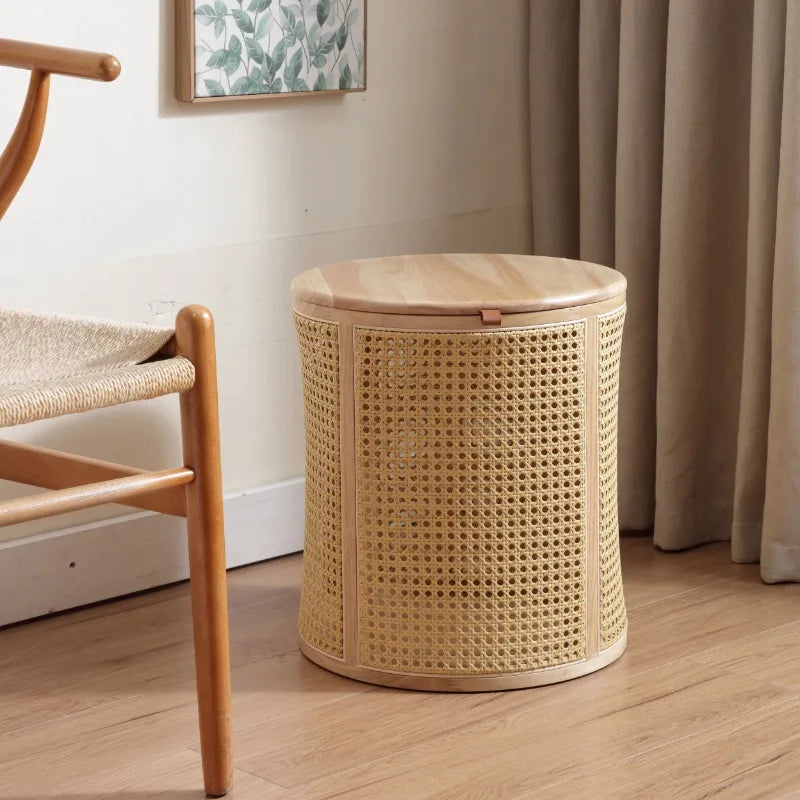 Rubberwood& Rattan Laundry Basket  Japanese Storage Basket with Handles  Detachable Coffee Table Stool  Sturdy Bedside Organizer