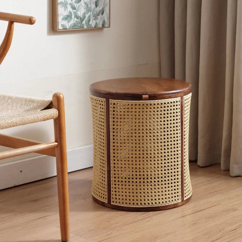 Rubberwood& Rattan Laundry Basket  Japanese Storage Basket with Handles  Detachable Coffee Table Stool  Sturdy Bedside Organizer