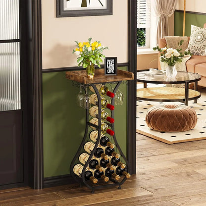 Wine Rack Freestanding Floor Mini Bar Table Wine Holder Stand Liquor Cabinet with Glass Holder Wine Wood Tabletop for Home Bar