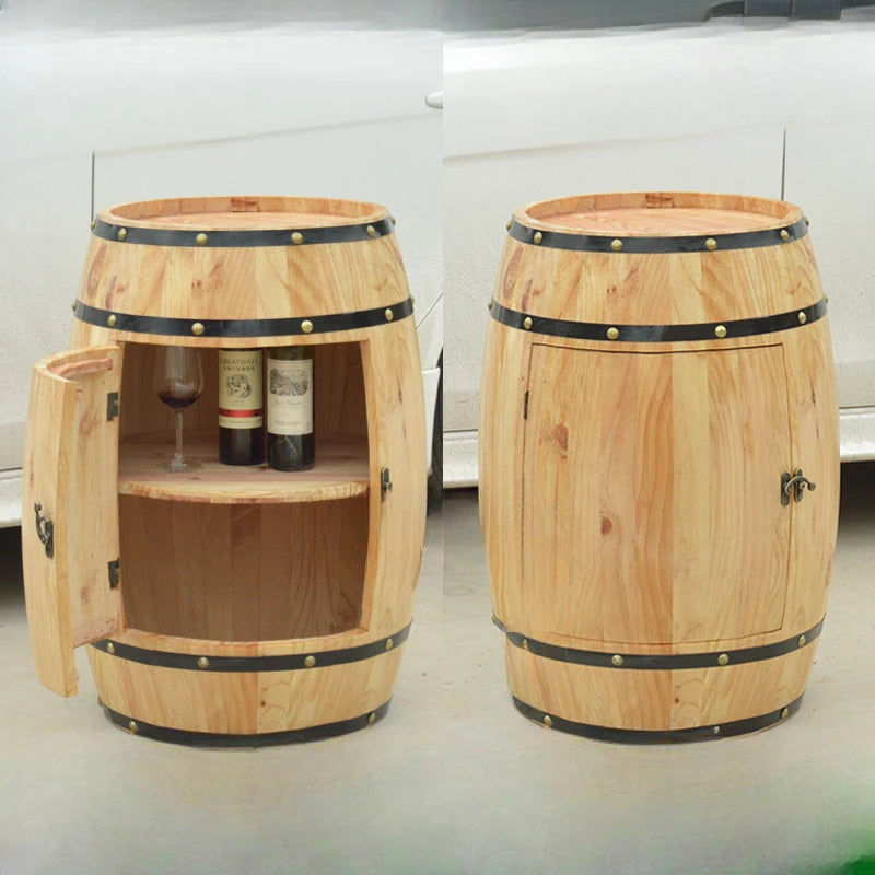 Decorated beer barrels, wooden red wine and grape bars, exhibition doors, storage racks