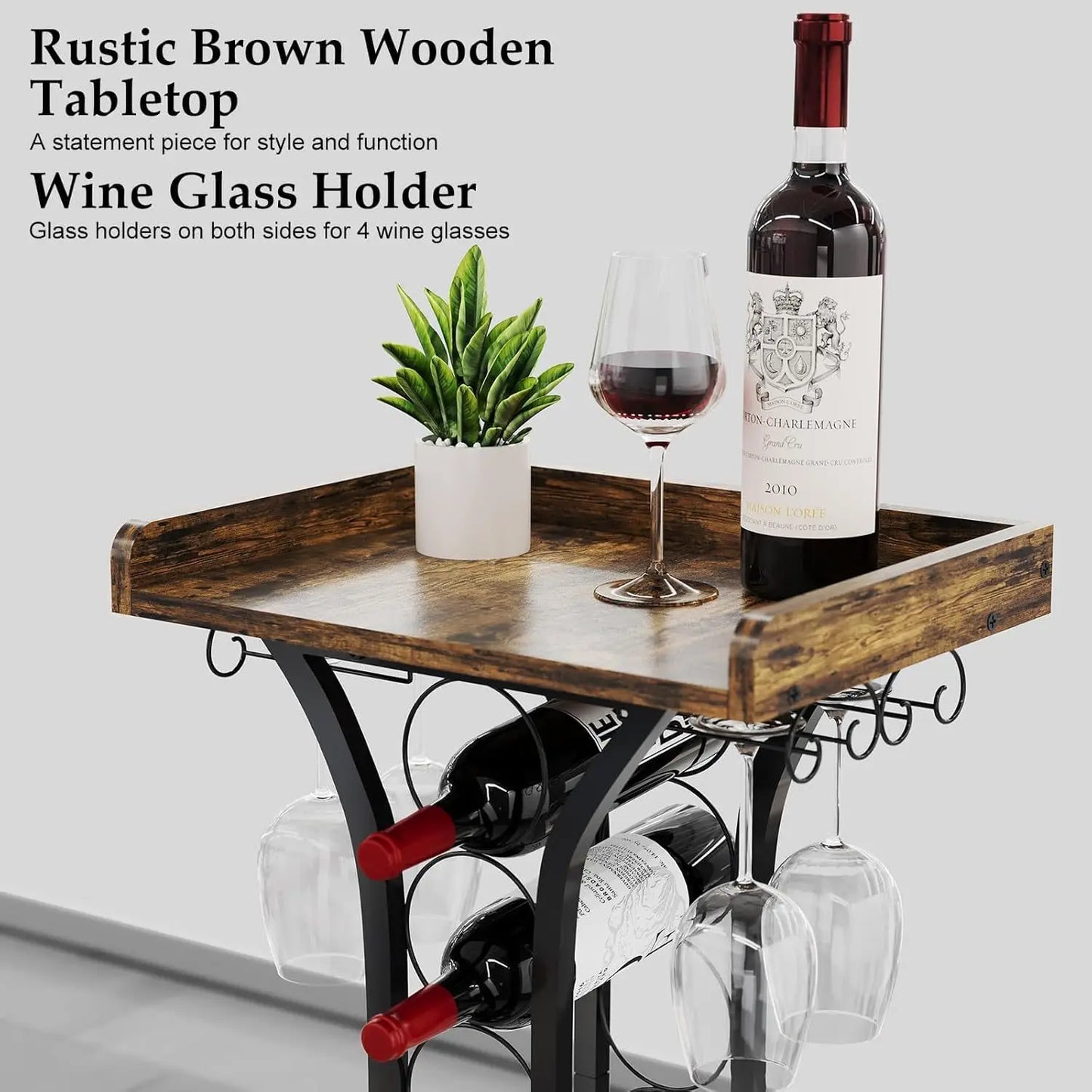 Wine Rack Freestanding Floor Mini Bar Table Wine Holder Stand Liquor Cabinet with Glass Holder Wine Wood Tabletop for Home Bar