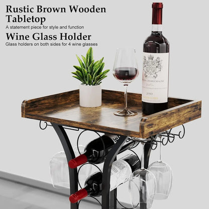 Wine Rack Freestanding Floor Mini Bar Table Wine Holder Stand Liquor Cabinet with Glass Holder Wine Wood Tabletop for Home Bar