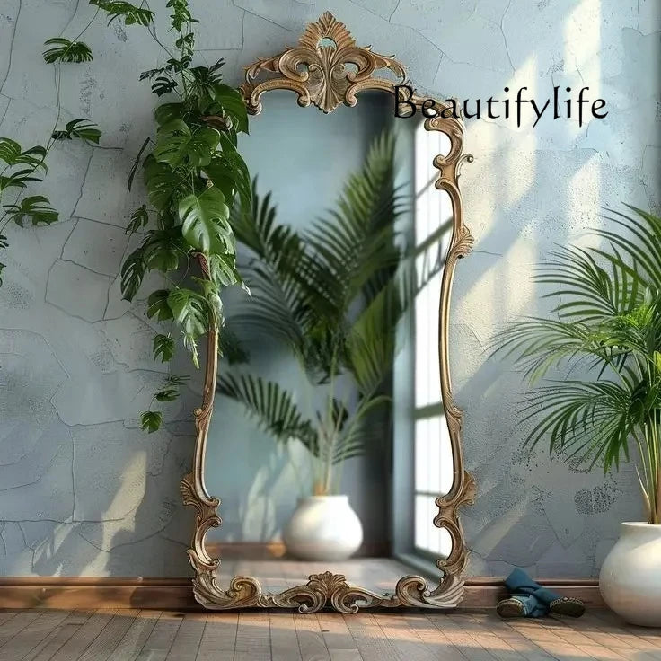 French retro floor full-length mirror carved mirror European special-shaped changing mirror