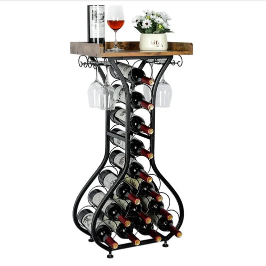 Wine Rack Freestanding Floor Mini Bar Table Wine Holder Stand Liquor Cabinet with Glass Holder Wine Wood Tabletop for Home Bar