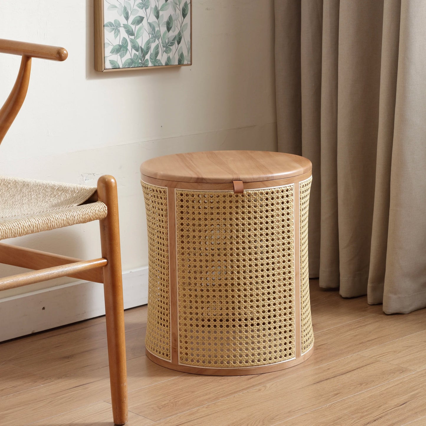 Rubberwood& Rattan Laundry Basket  Japanese Storage Basket with Handles  Detachable Coffee Table Stool  Sturdy Bedside Organizer