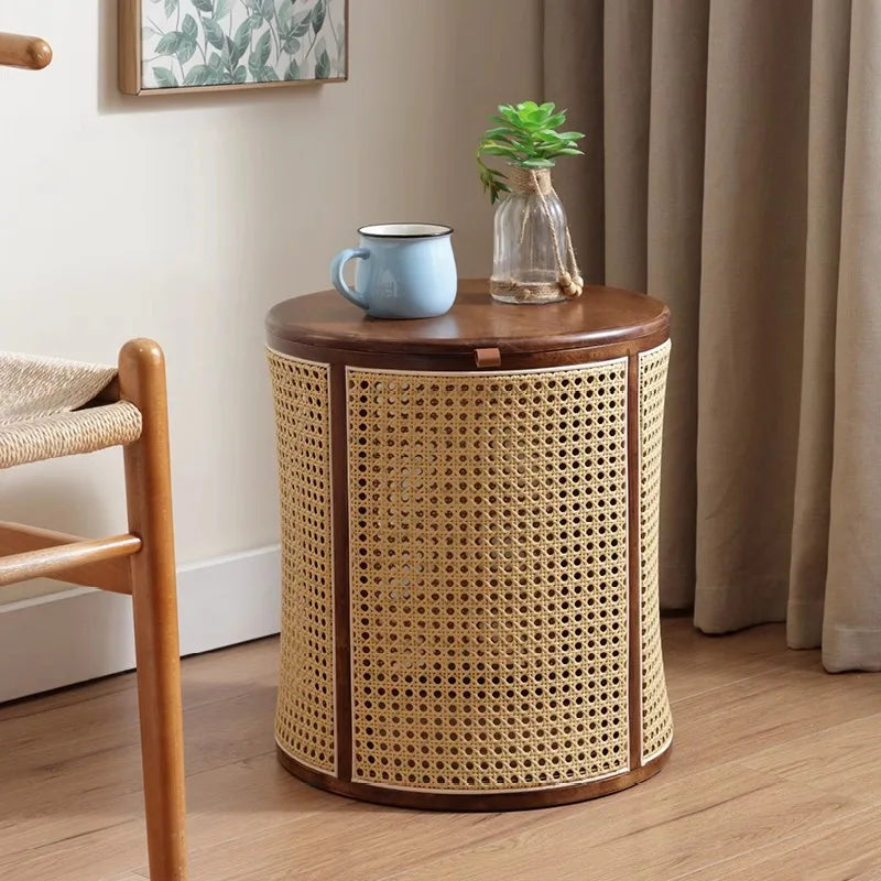 Rubberwood& Rattan Laundry Basket  Japanese Storage Basket with Handles  Detachable Coffee Table Stool  Sturdy Bedside Organizer