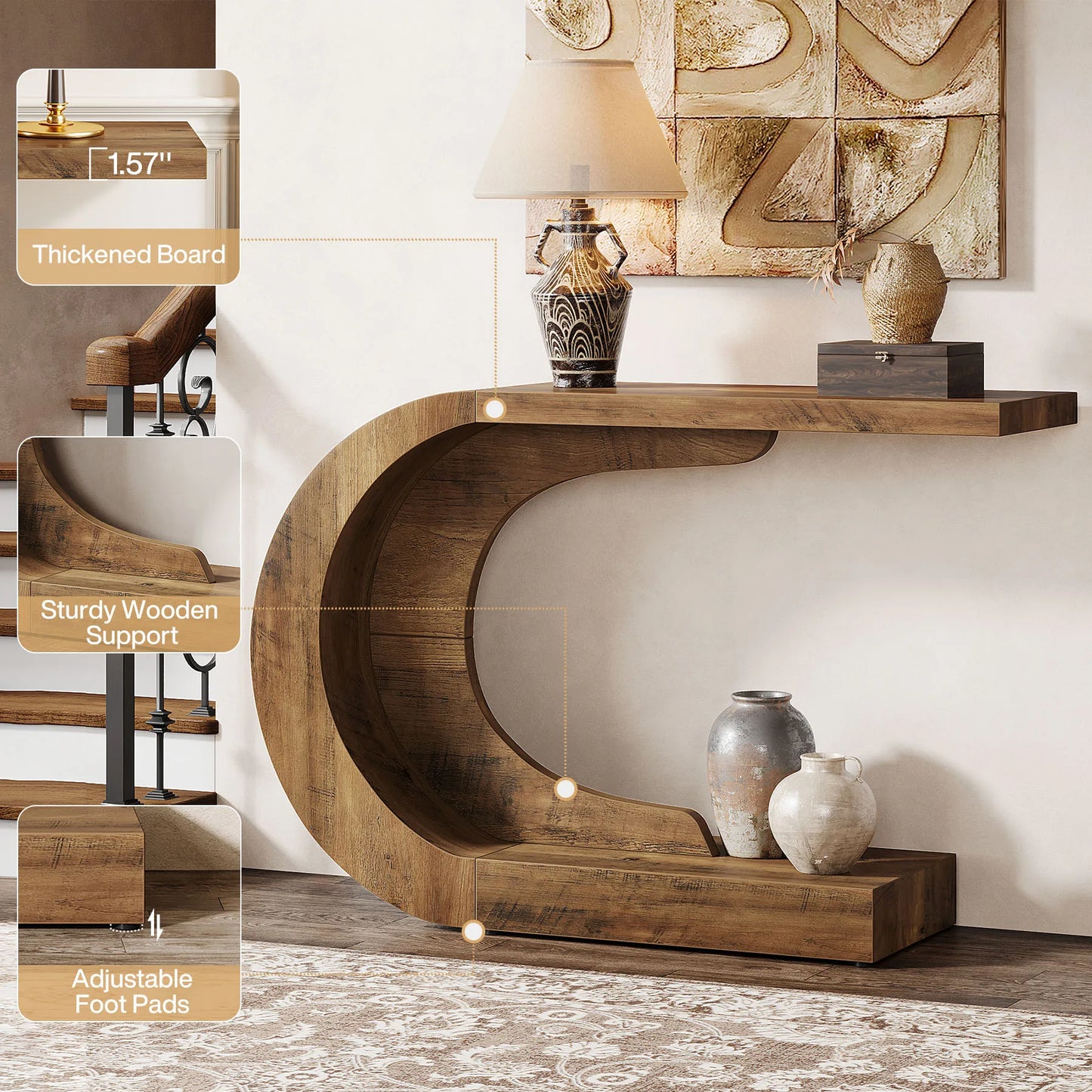 43.3" C-Shaped Console Table For Living Room Mid-Century Modern Wood Entryway Hallway Table, Heavy-Duty Entry Accent Table