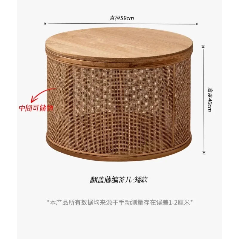 Japanese Round Coffee Table Living Room Rattan Woven Side Table Clamshell Storage Room Desks Multi-functional Home Furniture