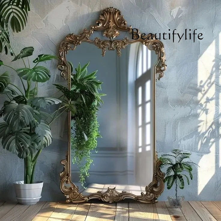 French retro floor full-length mirror carved mirror European special-shaped changing mirror
