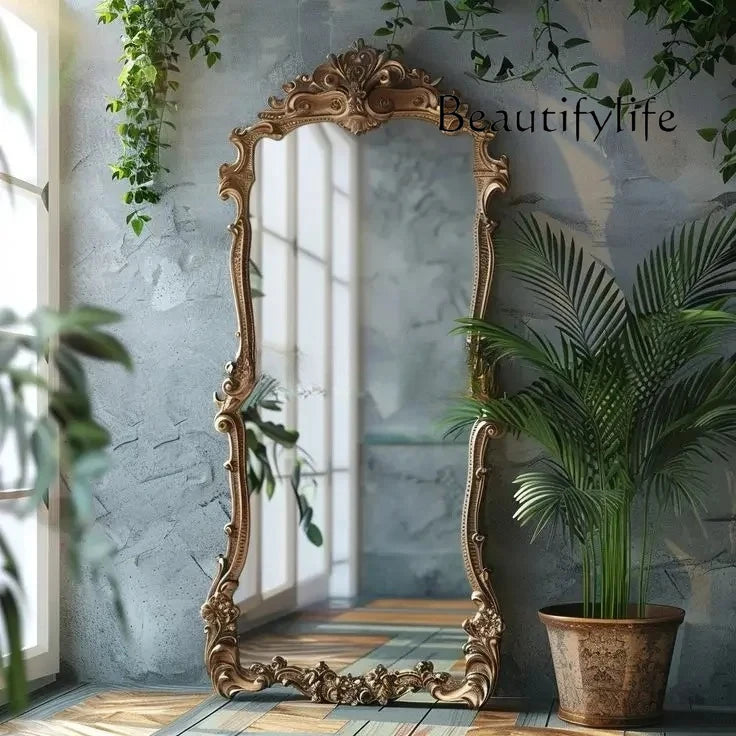 French retro floor full-length mirror carved mirror European special-shaped changing mirror