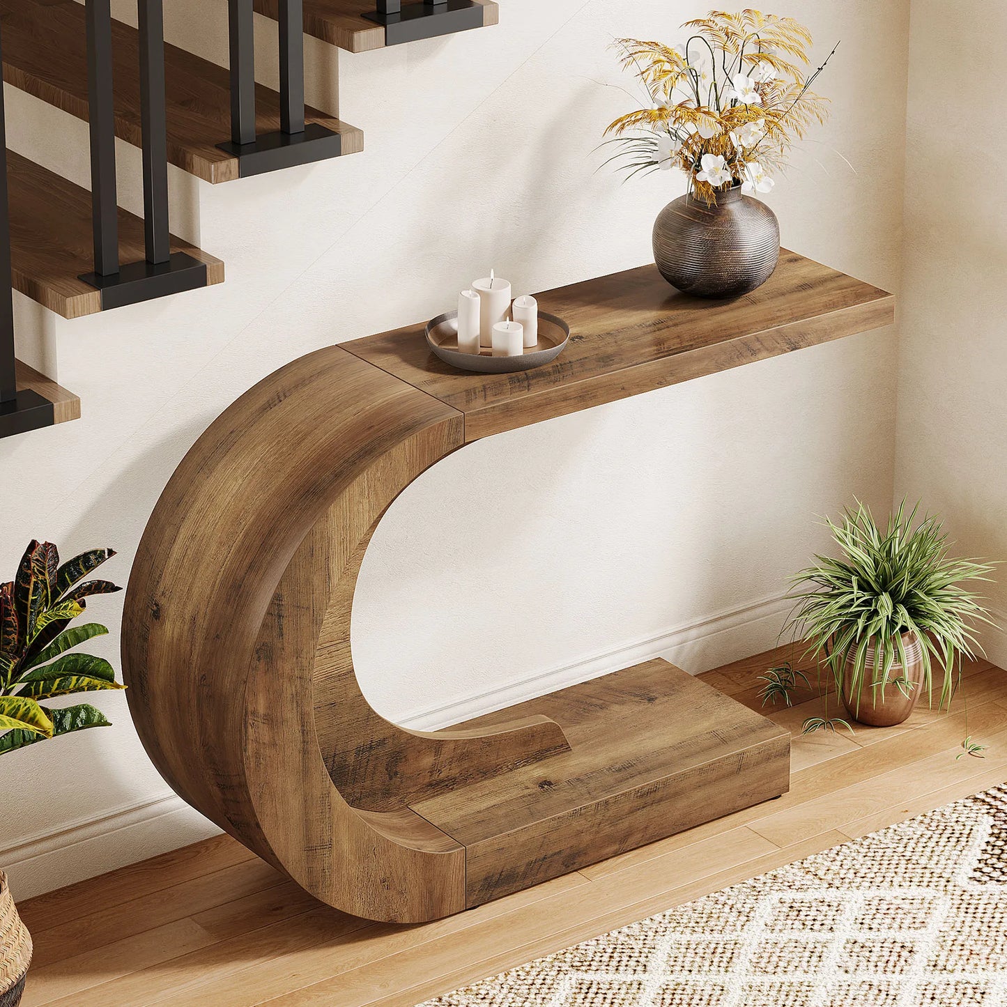 43.3" C-Shaped Console Table For Living Room Mid-Century Modern Wood Entryway Hallway Table, Heavy-Duty Entry Accent Table