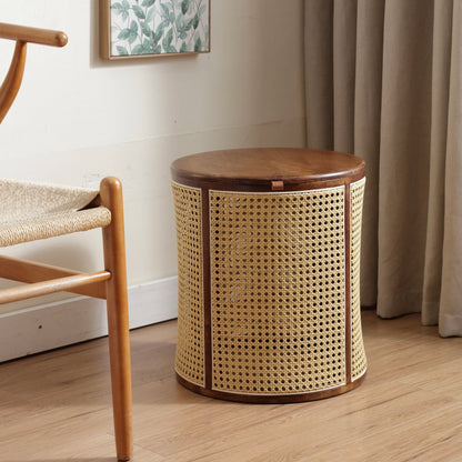 Rubberwood& Rattan Laundry Basket  Japanese Storage Basket with Handles  Detachable Coffee Table Stool  Sturdy Bedside Organizer