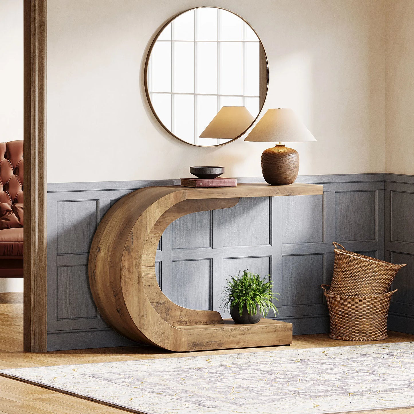 43.3" C-Shaped Console Table For Living Room Mid-Century Modern Wood Entryway Hallway Table, Heavy-Duty Entry Accent Table